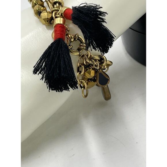 J. Crew Gold Tone Bronze Triple Strand Bracelet Dangles Black Red Tassel - Picture 8 of 11
